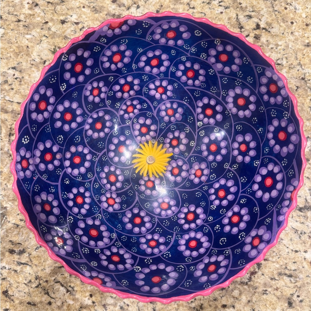 Vintage Pink Talavera Mexican Pottery Bowl circa 1980s 11" across Mexico pottery